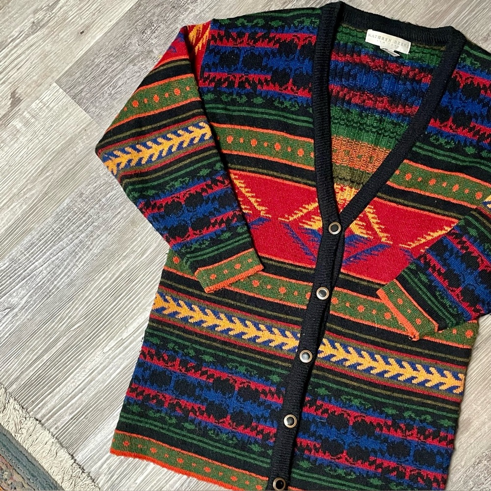 Vintage 1990s Kathryn Deene New York Wool Blend Western Knit Cardigan - Picture 2 of 12